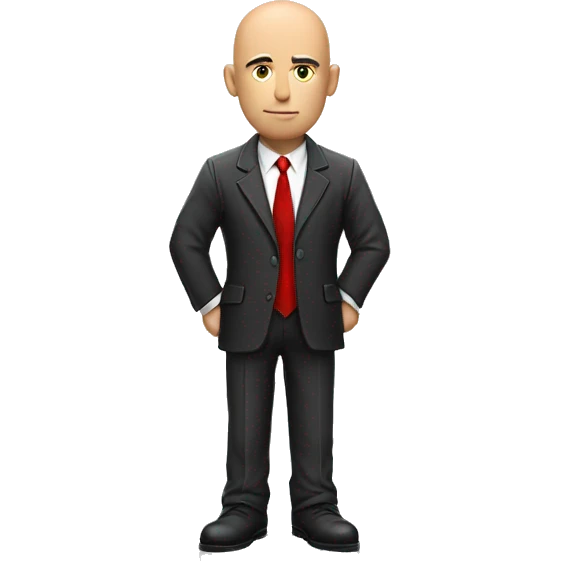Serious Bald man with suit and red tie and leather gloves with back against wall peaking around corner emoji