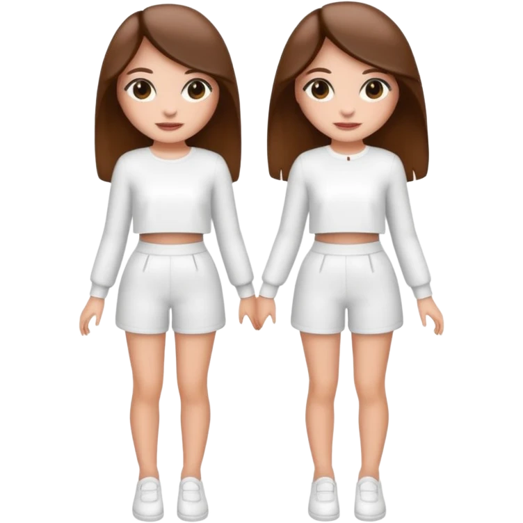 👯‍♀️ generate this emoji, as two white girls, bffs, the same pose but maybe the outfit cuter. we are models. both with brown hair. one girl in white outfit, the other in black. luxury outfits  emoji