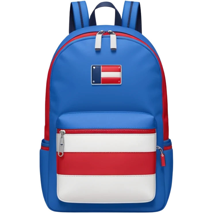 simple blue backpack, at the bottom pocket there is a  logo featuring a Tommy Jeans-inspired logo. The logo looks like A red and white vertically split flag-style patch on the bottom pocket.
 emoji