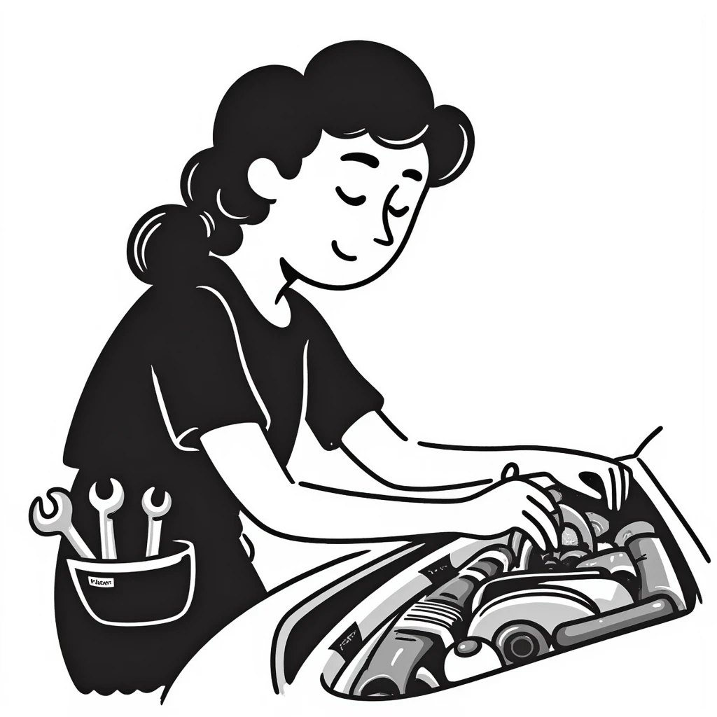 A 40-year-old Latina woman with light brown skin, two braids pulled back, dressed in all black mechanic scrubs, working as an auto mechanic emoji