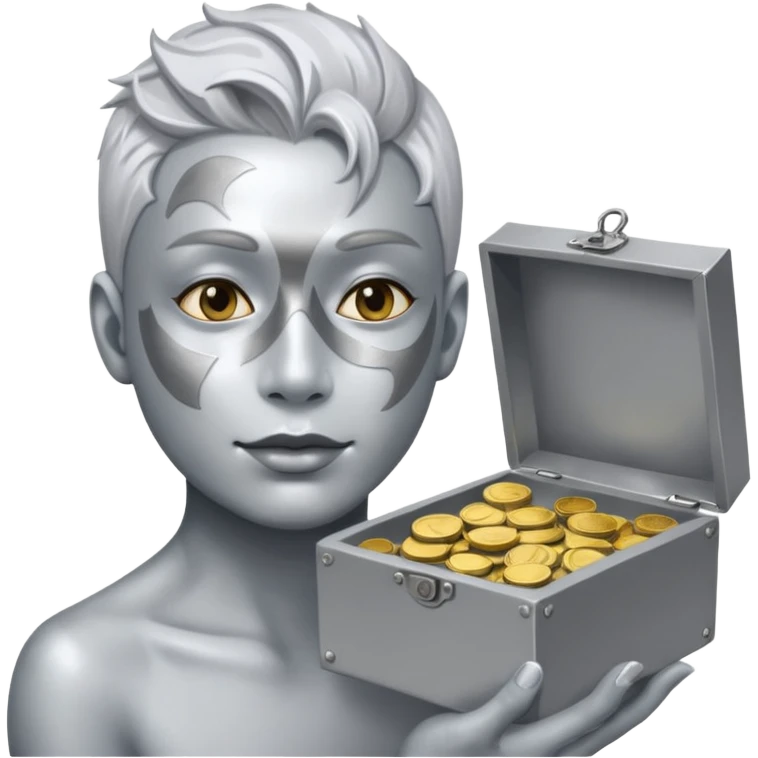 Living statue (silver paint),Street Performers,background street setup, with coins box. emoji