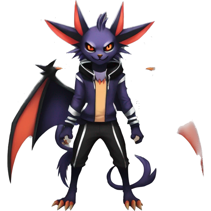 Cool Anthro Black Noivern-Absol-Litten-Pokémon with edgy stripes hoodie spiked collar punk Full Body emoji