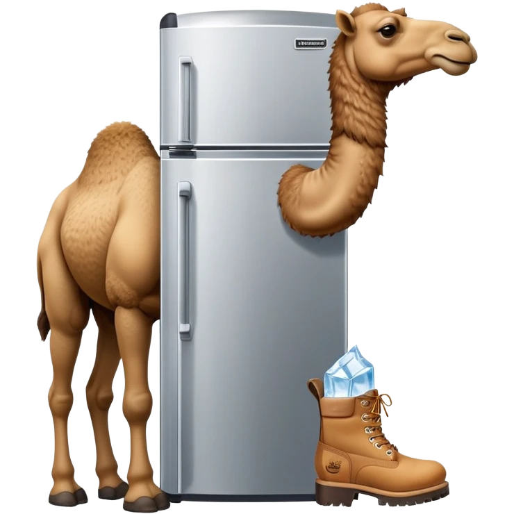 A desert camel head and neck attached to a stainless steel refrigerator body with ice dispenser, wearing classic Timberland-style work boots emoji