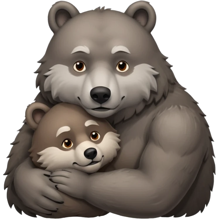 A beefy brown bear cuddling a grey wolf. Both of them are males and in love.  emoji