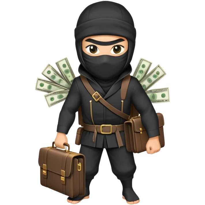 Ninja with briefcase full of money, cash sticking out, stealthy pose emoji