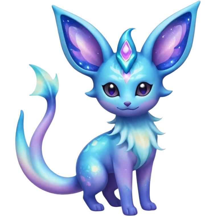 Shiny Iridescent Sparkly Nebulae Espeon-Lumineon-Vaporeon-Amaura-Glaceon-Dragonair-Fakémon-hybrid-creature (full body)  with a galaxy-dust-flowing-gradient-tail emoji