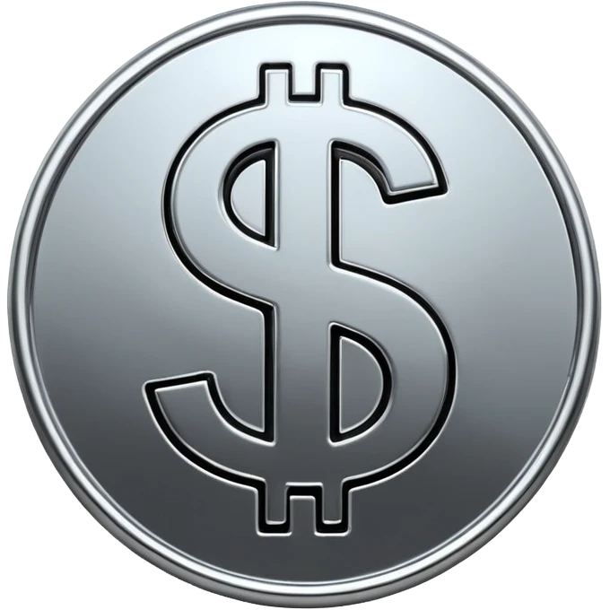 A double dollar sign emoji made of polished silver chrome, smooth metallic surface, glossy reflections, luxury swag vibe, minimal iOS emoji style, centered on white background emoji