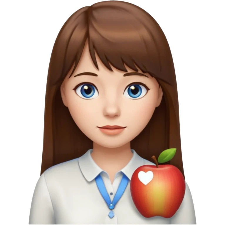 female, fair skin, brown hair long and straight with bangs, blue-grey eyes, white blouse, apple emoji style emoji