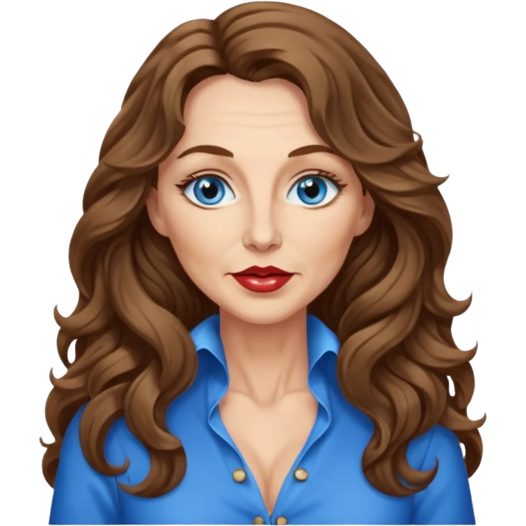 Extra Long wavy hair, brown hair, blue eyes Caucasian, age 50, sexy clothes boobies, kissing face emoji