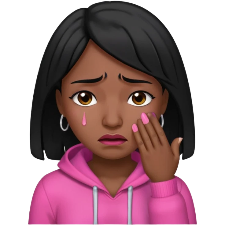 black hair woman with pink outfit and crying face emoji