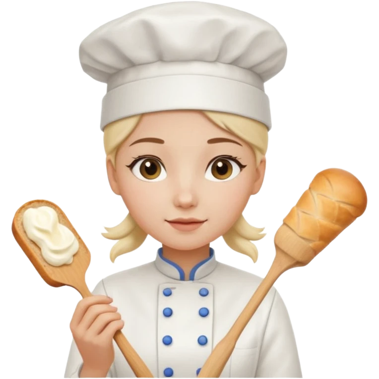 Young female baker - white chef hat, holding cream piping bag to milk oil on bread emoji