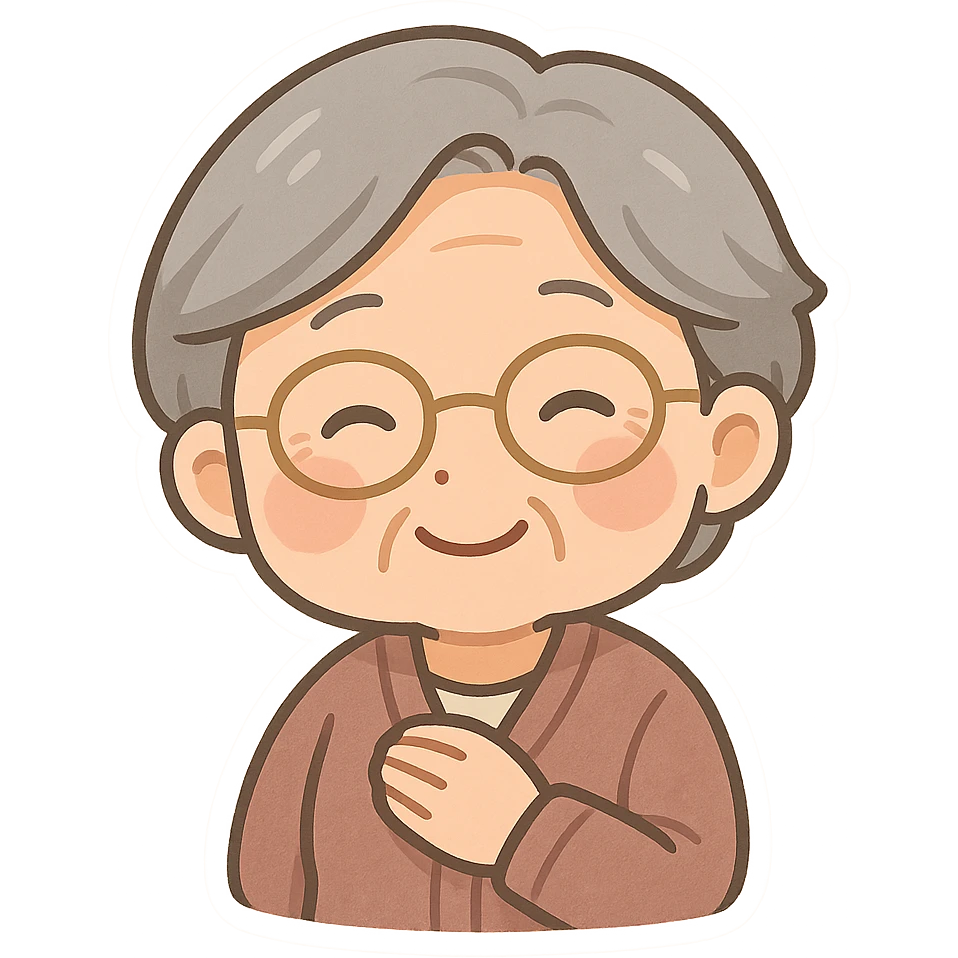elderly woman with glasses, smiling, short gray hair emoji