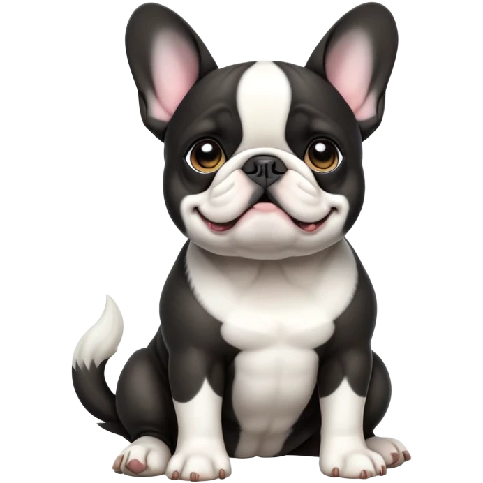 cinematic-[french bulldog]-realistic-full-body-sitting-emoji,-tail-resting-loosely-beside-its-paws,-head-tilted-dramatically,-sleek-[black ant white pied]-fur,-simplified-yet-realistic-focused-features,-highly-detailed,-glowing-with-an-almost-sarcastic-glow emoji