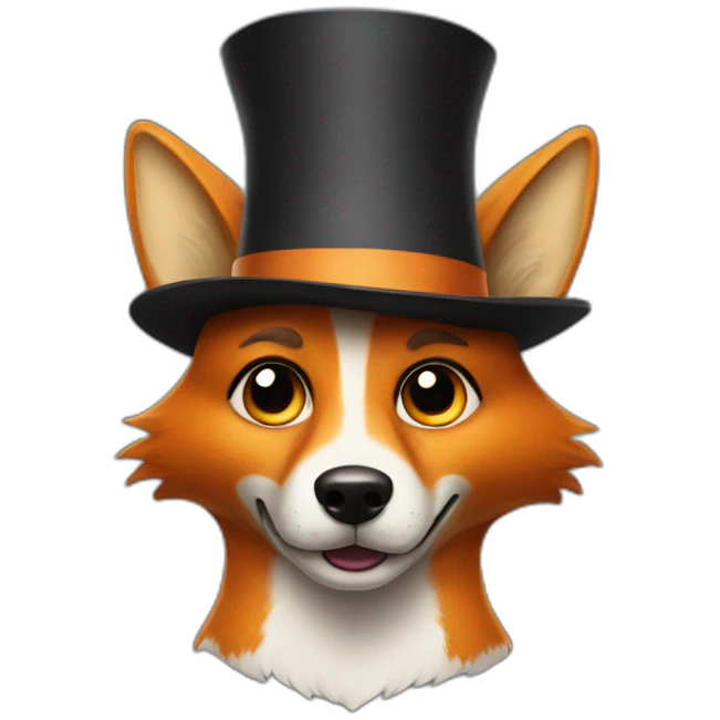 A dog looking like a fox, saying wtf, wesring a high hat emoji