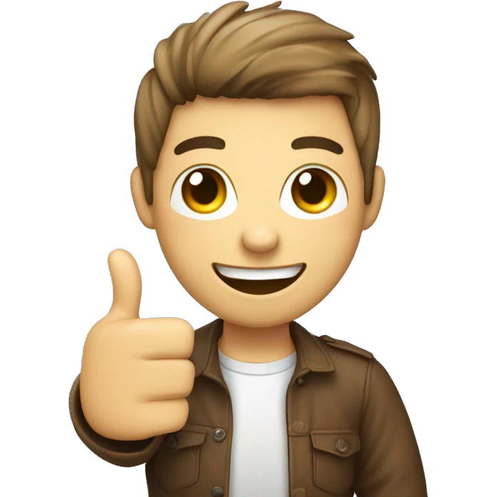 A young person holding a phone call form featuring a happy face emoji and giving a thumbs-up, symbolizing positive feedback emoji