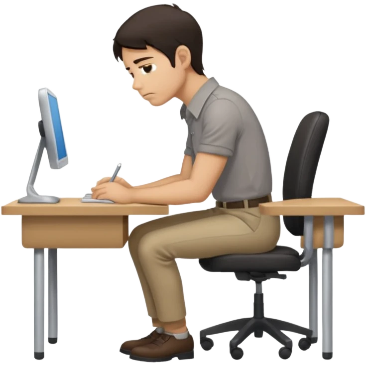  iOS emoji style - Side profile full body of a man sitting at a desk with very poor posture. He has dark hair and wearing a collared-shirt.   emoji
