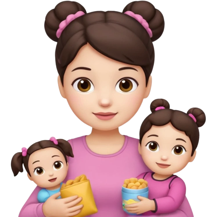 Cute small Toddler emoji with two small buns dark brown hair, fair skin, in pink top, holding toddler snacks & doll emoji