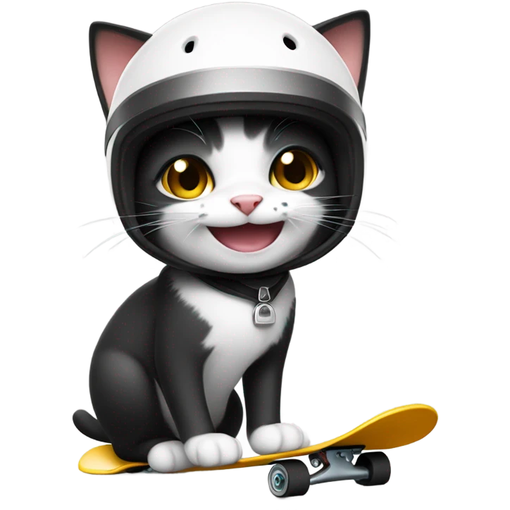 Smiling Black and white cat skateboarding with crash helmet  emoji