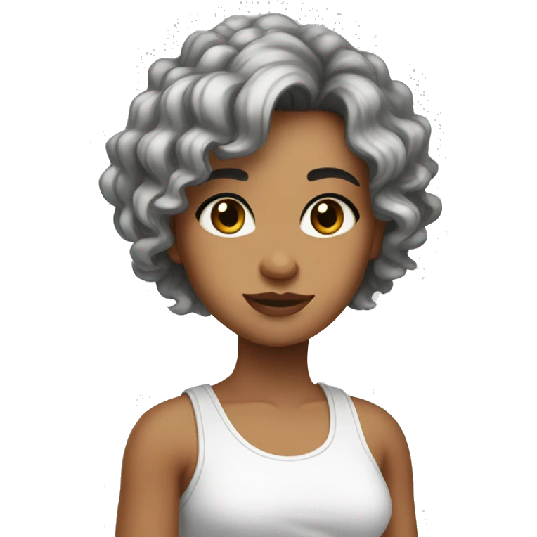 white and grey highlights hair, olive skin, white tank top, big cute eyes emoji