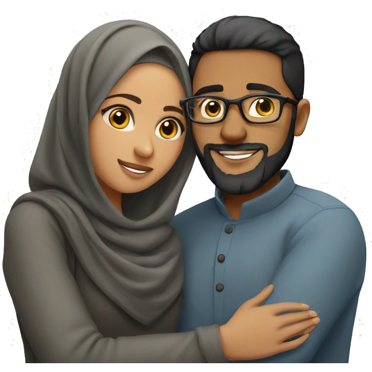 A young Muslim woman and her young Muslim husband with glasses and a beard hug emoji