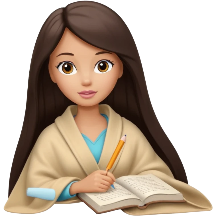 White Barbie girl with a long straight dark brown hair inside a pale beige blanket is writing a book emoji