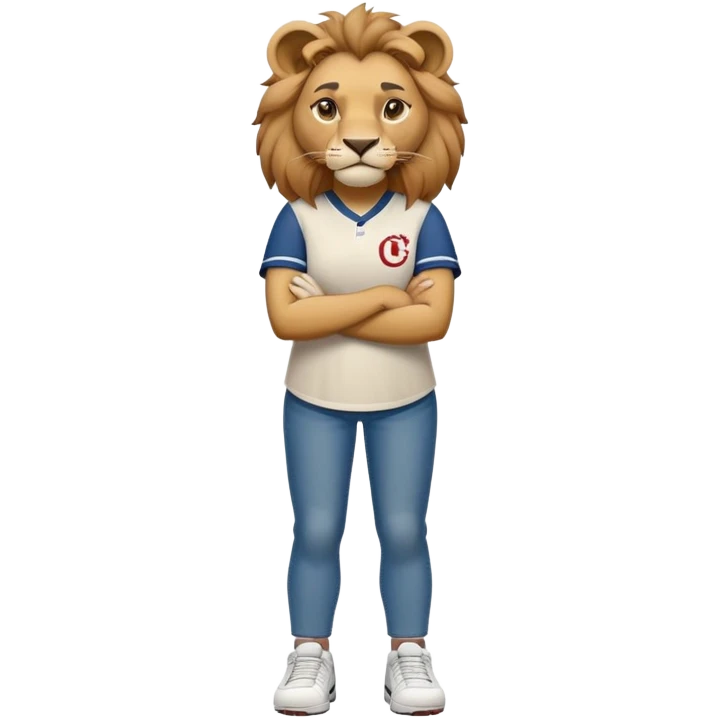 friendly anthropomorphised female lion wearing a baseball shirt, jeans, trainers, standing upright with arms folded, looking very determined emoji