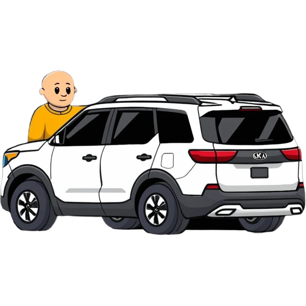 bald man standing next to a Kia Mohave SUV emoji