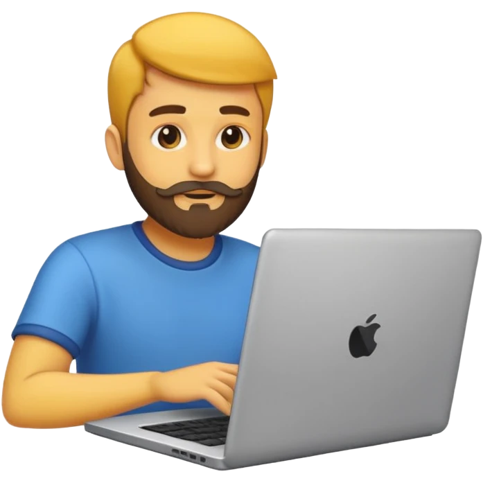 Emoji de un hombre joven con barba corta usando una laptop, estilo emoji moderno y minimalista, colores planos, líneas limpias, expresión amigable, fondo transparente. emoji
