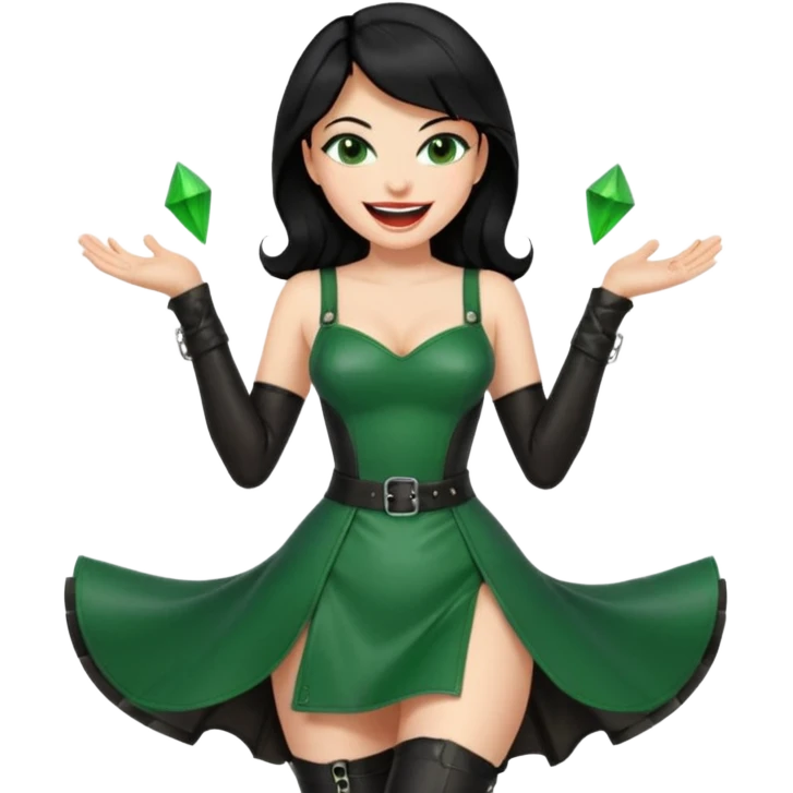 🕵🏻‍♀️💦🧥 black hair , green eyes ,dominatrix dress , laughing  emoji