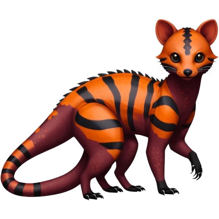 Rare warm-colored exotic edgy epic aesthetic spooky dark modern colorful cyber-Genet-Trico-Salandit-Civet-species-Fakemon-hybrid-creature, with beautiful intricate markings, full body emoji