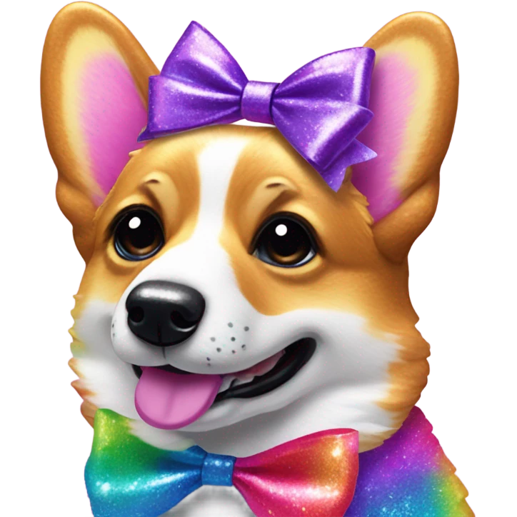 Lisa frank rainbow glitter corgi with ribbon bow on head emoji