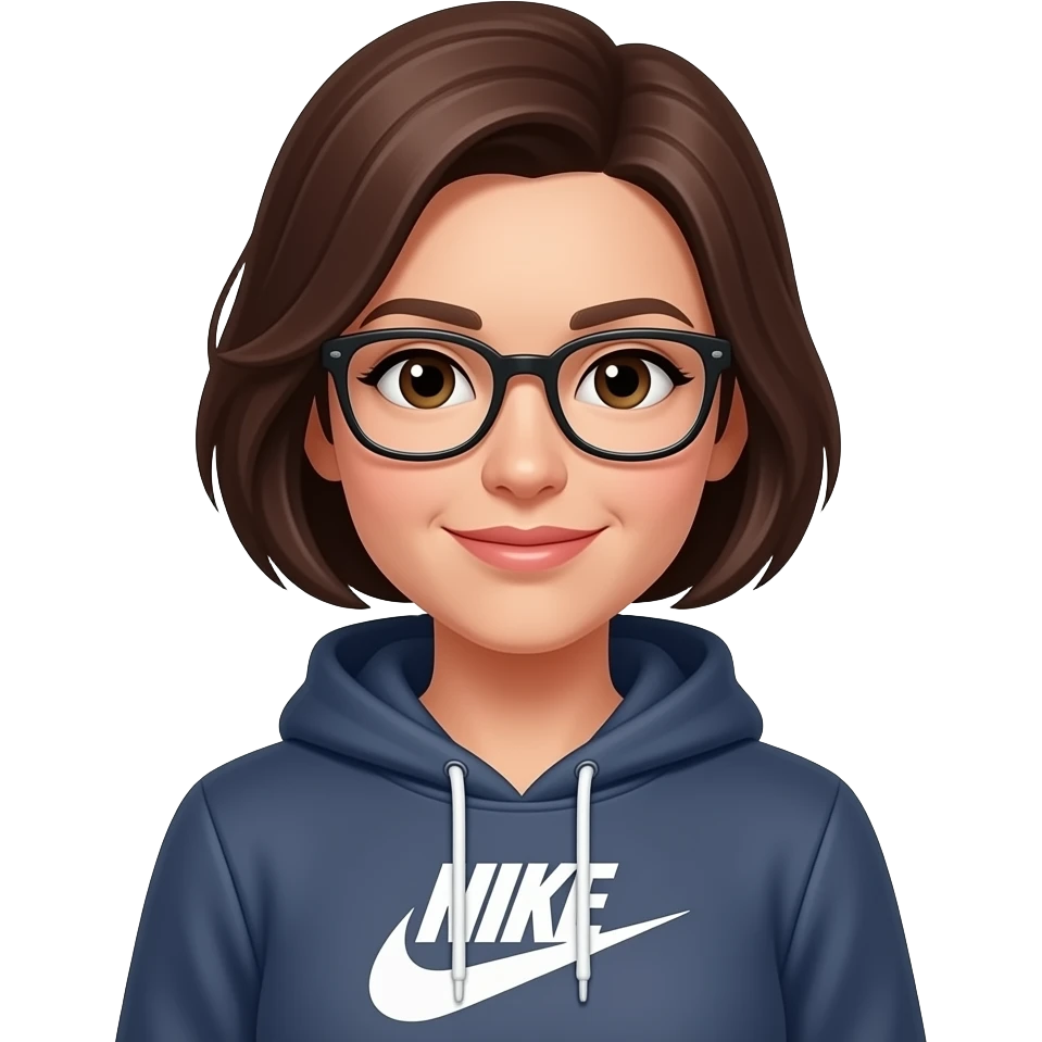 Femmina adulta con gli occhiali, capelli corti tirati da una parte e castani con felpa nike emoji