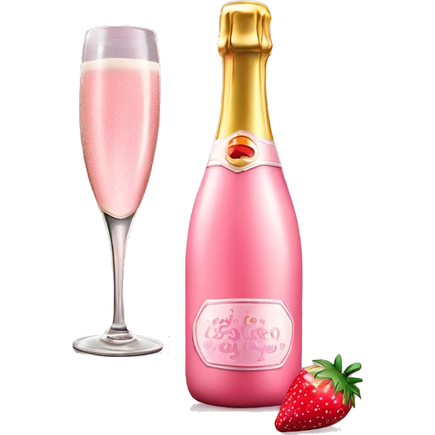Realistic pink champagne bottle and pink clear glass full of the champagne with a strawberry in it. emoji