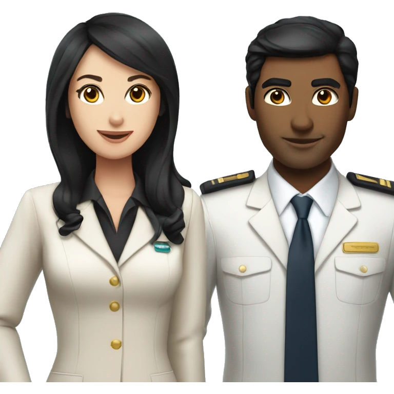 Flight attendant with long black hair and white skin with a pilot man with tan skin and black hair emoji