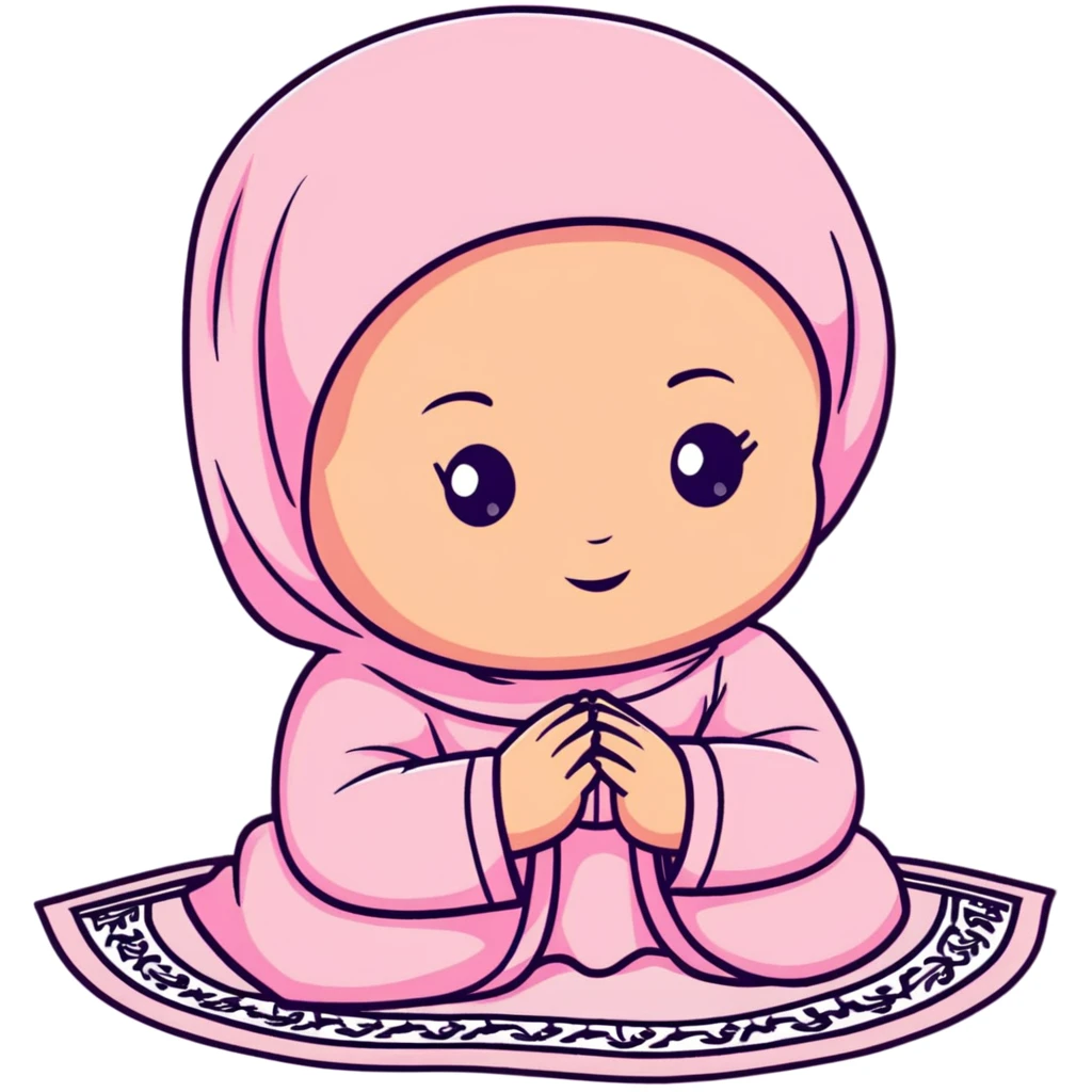 baby Muslim girl wearing pink dress on a light pink prayer rug emoji