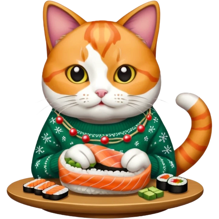 cat wearing a christmas sweater eating sushi emoji