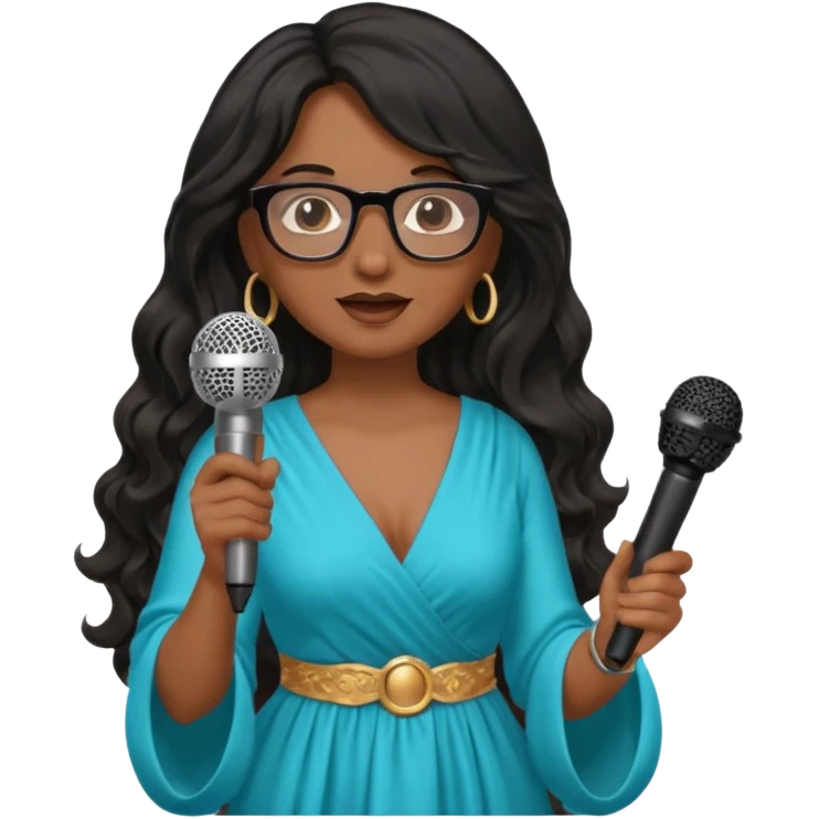 singer, Middle age, long wavy black hair, brown skin, wearing dress, holding mic, glasses emoji