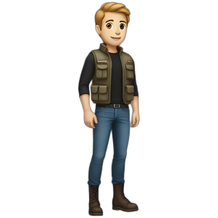 A young man, tall and thin, but athletic.   With black jeans and brown boots.   Wearing a black long-sleeved T-shirt and a deep sky blue vest on top, dressed in a military manne emoji