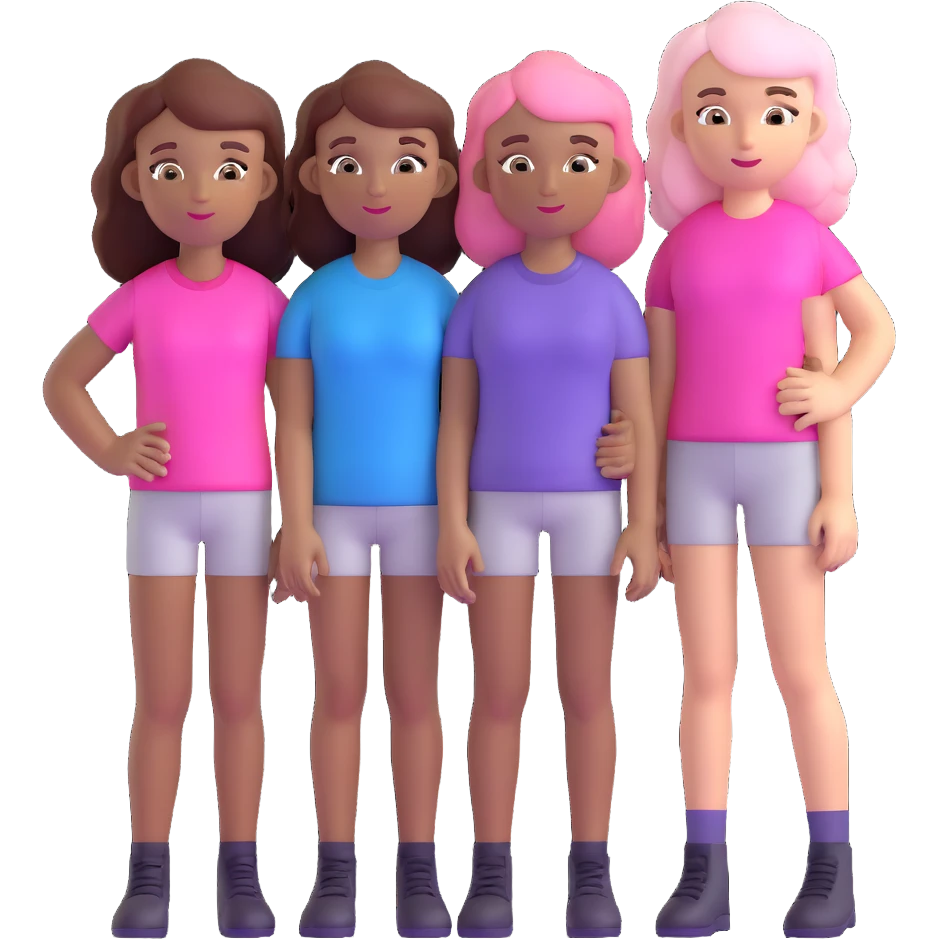 a black girl with dark brown hair next to a white girl with pink hair and a white girl with brown hair emoji