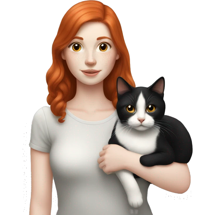 redhead girl with pale skin holding black and white cat emoji