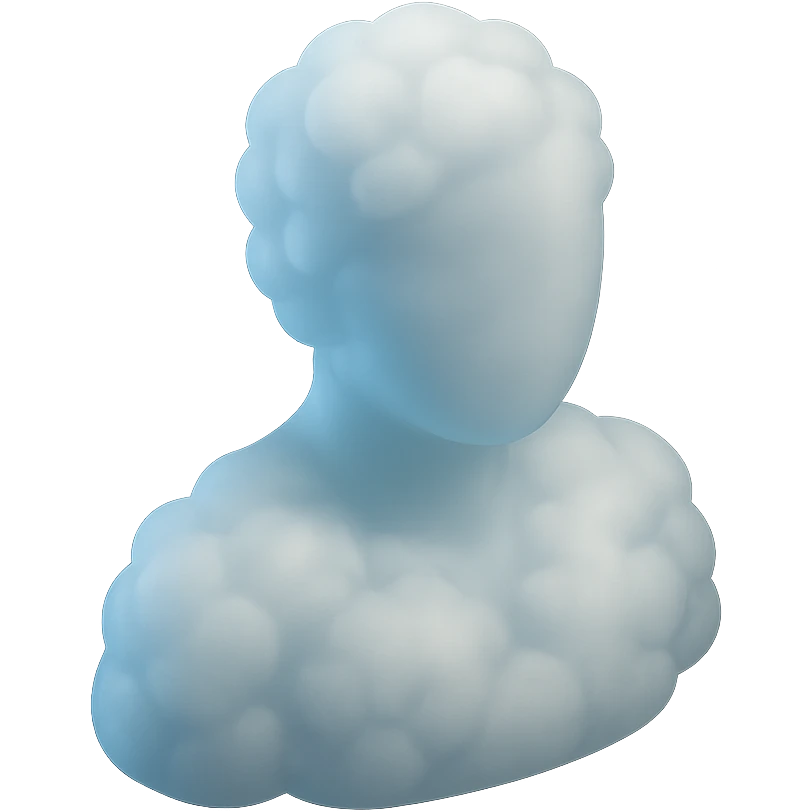 person made entirely of white clouds, fluffy texture, shoulder up, front view, matte glass style emoji