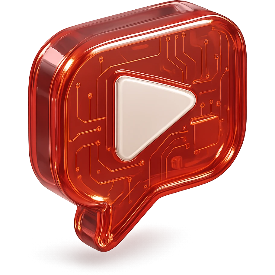 red speech bubble with a red YouTube play button, like a trophy, glossy circuit style emoji