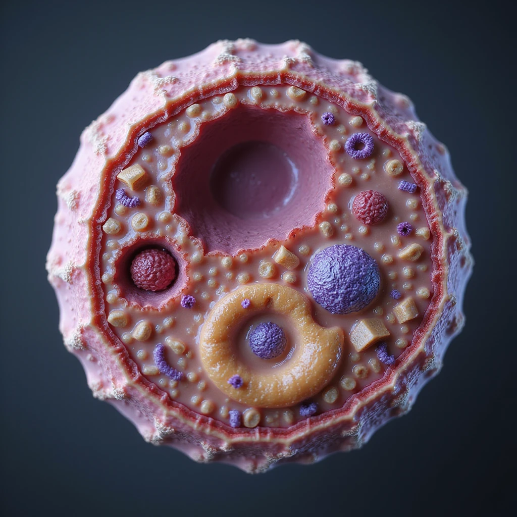 hyperrealistic cross-section 4K of a human cell showing fatty acids bound to carnitine crossing the mitochondrial membrane, anatomical and molecular details emoji