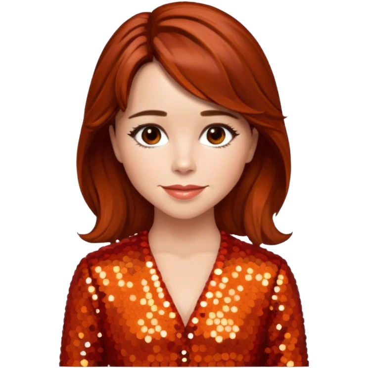 Linda Cardellini with reddish brown hair, red-orange sequin outfit emoji
