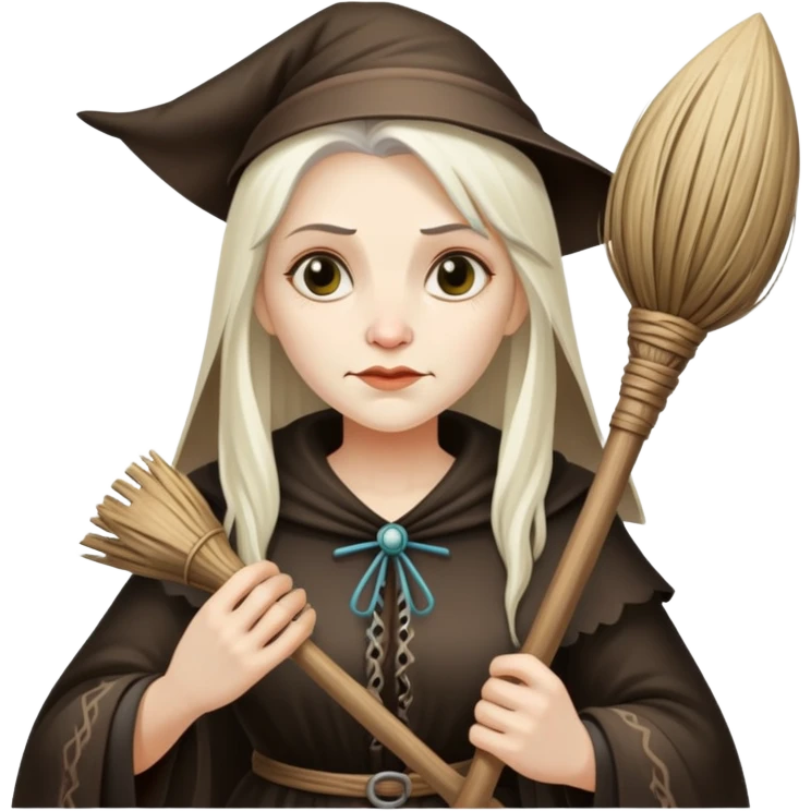 Baba Yaga sorceress woman holding a broom, old and wise emoji