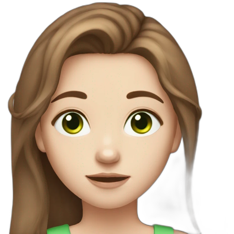 Messy long brown haired girl with green eyes, pale skin and little birthmark on neck middle part emoji