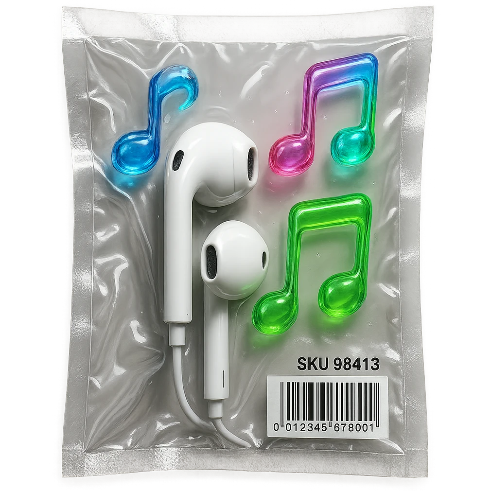 pair of white EarPods with three floating glass music notes in neon colors, shiny and puffy emoji