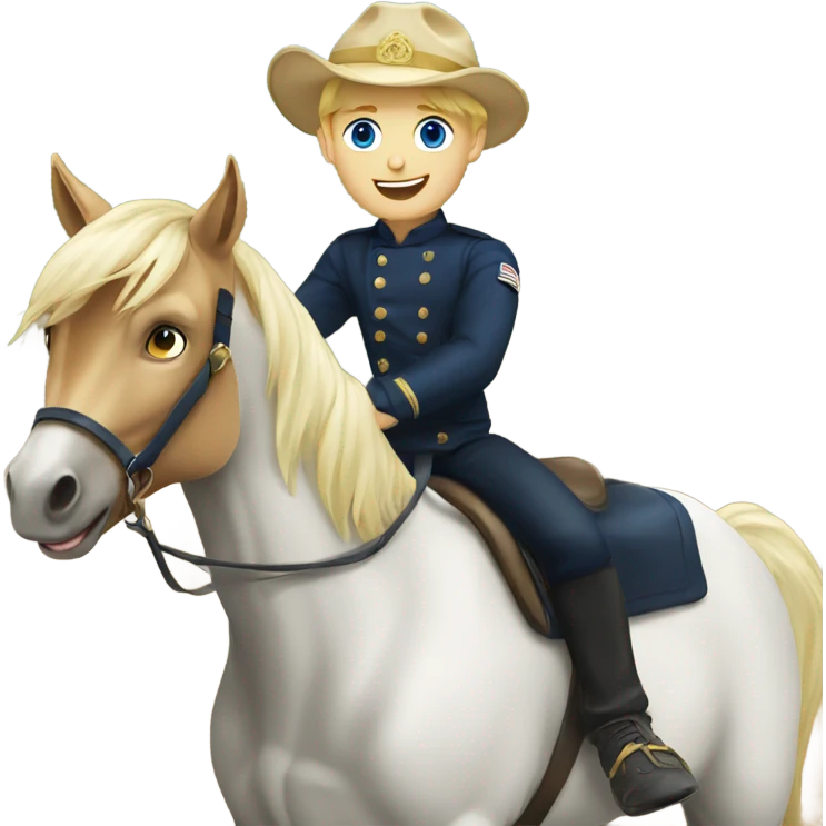 Blond boy with a navy hat and blue eyes riding a horse emoji