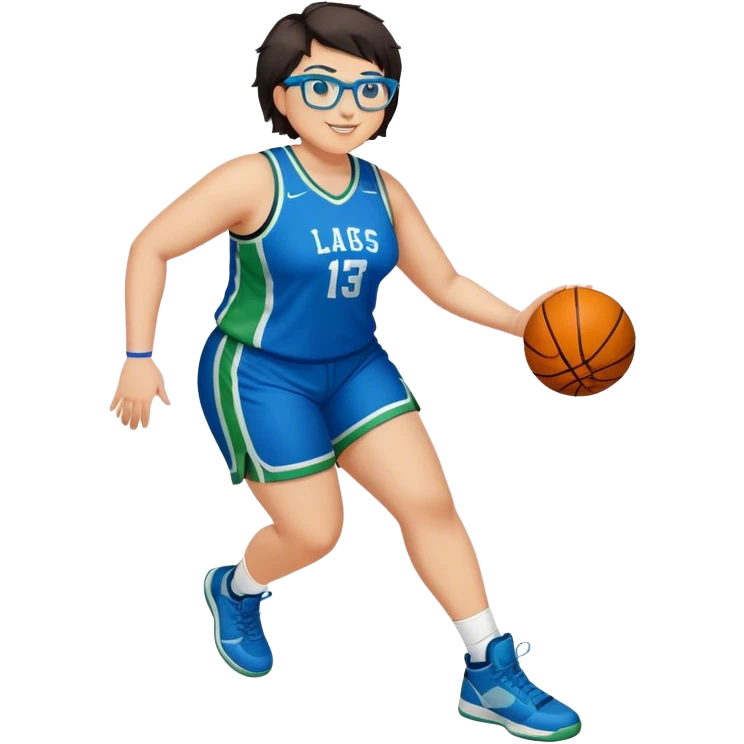 Full Body plus size white female basketball player with short dark hair with highlights spike hair wearing blue glasses  wearing blue green uniform smiling emoji