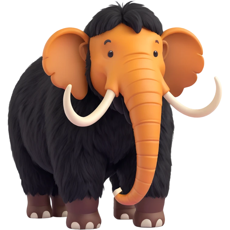 profile side view of a happy wooly mammoth with black fur and two white tusks, walking, 3D style, no background emoji